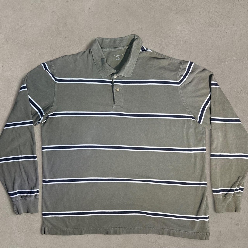 Green Striped Long Sleeve Polo Rugby Shirt Men's XL Preppy